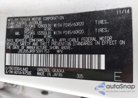 2015 Toyota 4Runner Limited из США, поврежденный, VIN JTEZU5JR0F5091753